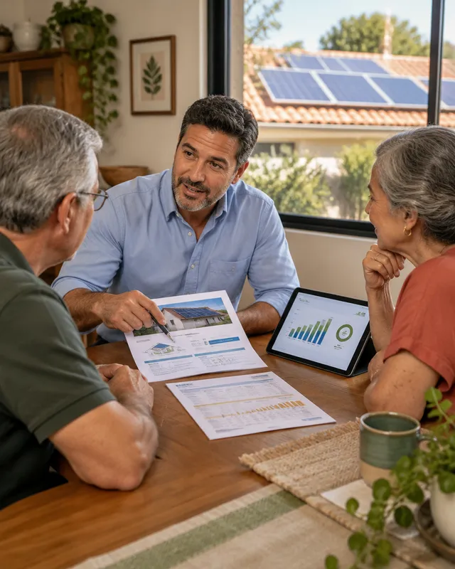 Vendedor de energia solar apresenta proposta a um casal